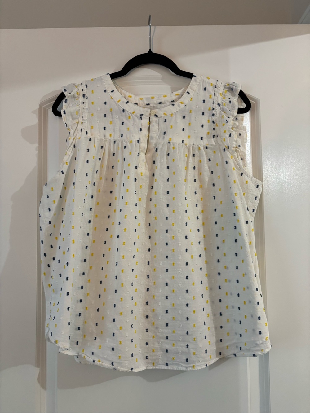 LOFT White Sleeveless Ruffle Yoke Camisole with Yellow & Navy Dot Print